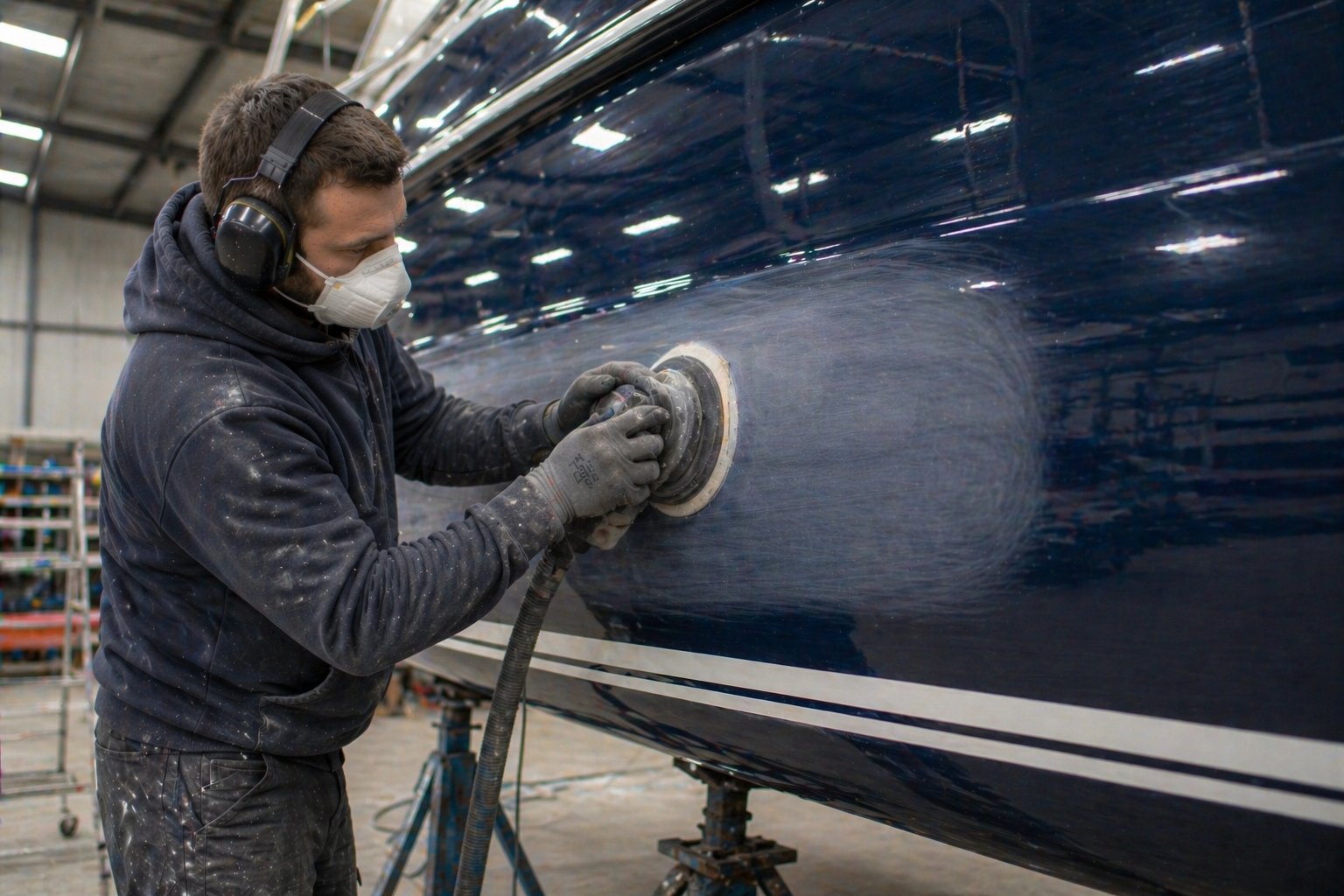 RestorFX application in progress on yacht hull — Nexus Marine certified technician, molecular fusion polishing