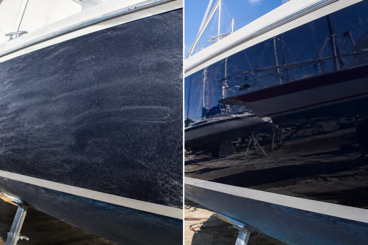 Before / after RestorFX on yacht hull — surface restoration through molecular fusion, no spraying