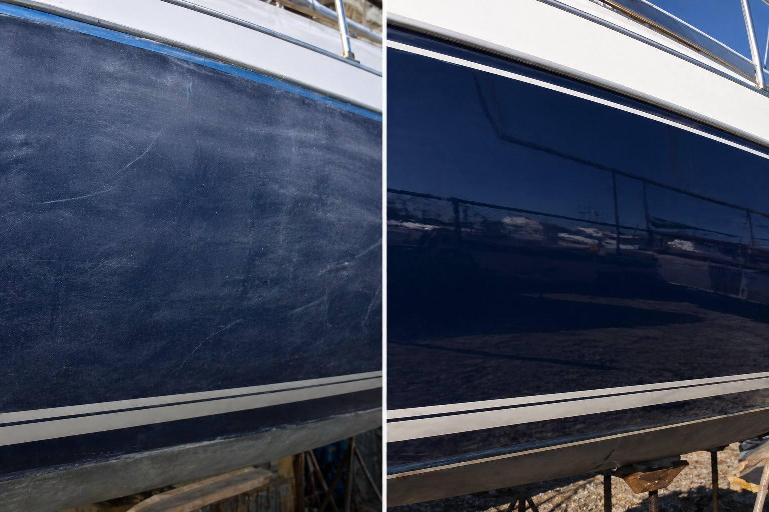 Before / after RestorFX on yacht hull — surface restoration through molecular fusion, no spraying