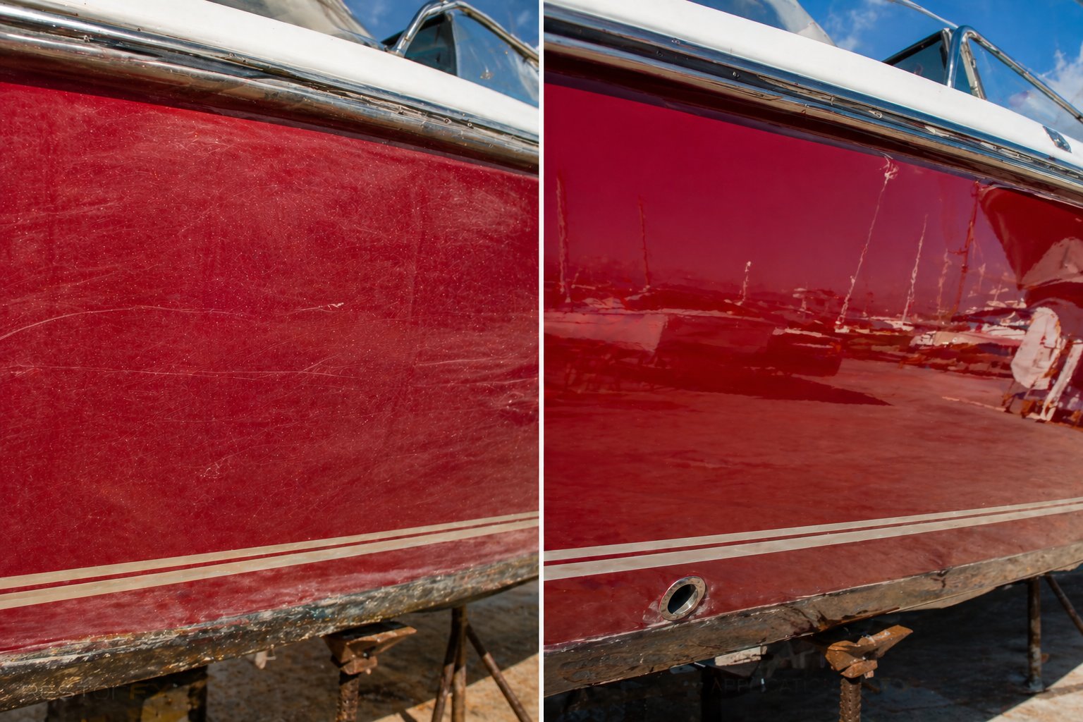 Yacht glazing before and after PureGlas — hydrophobic effect droplets