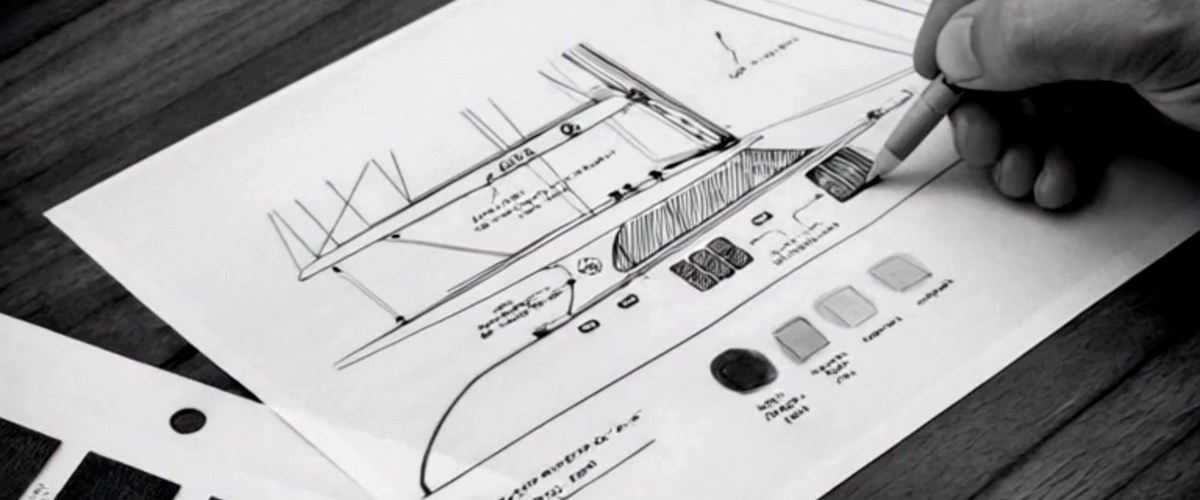 Croquis à la main d'un plan de voilure et nuancier de matières — bureau d'études Nexus Marine