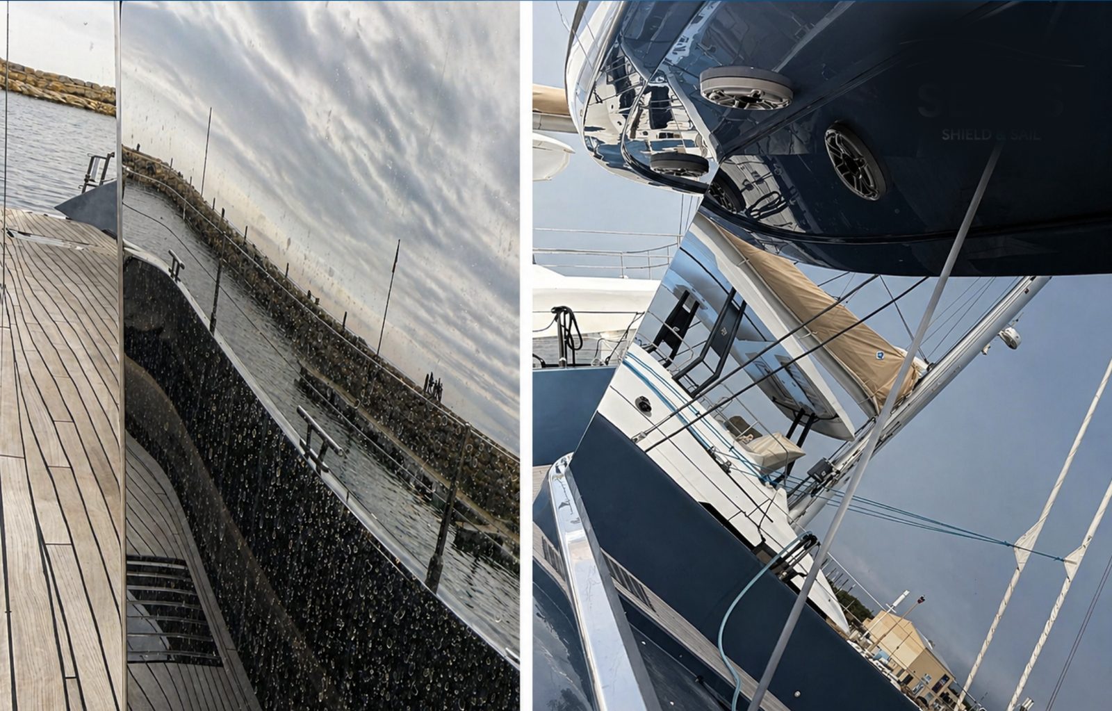 Coque yacht avant/après traitement SEALS — surface mate vs effet miroir saturé