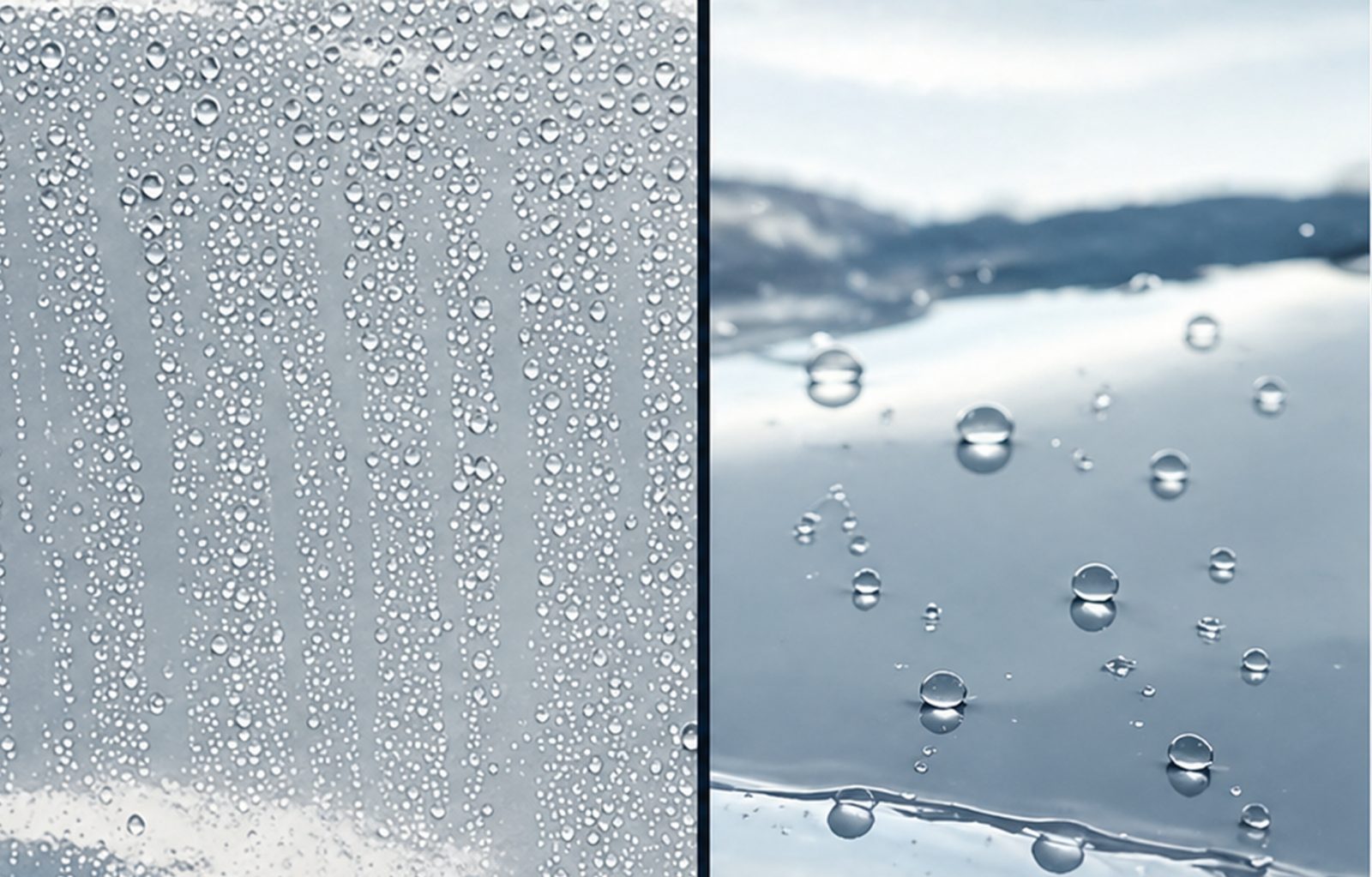 Vitrage yacht avant/après PureGlas — effet hydrophobe, gouttes qui perlent