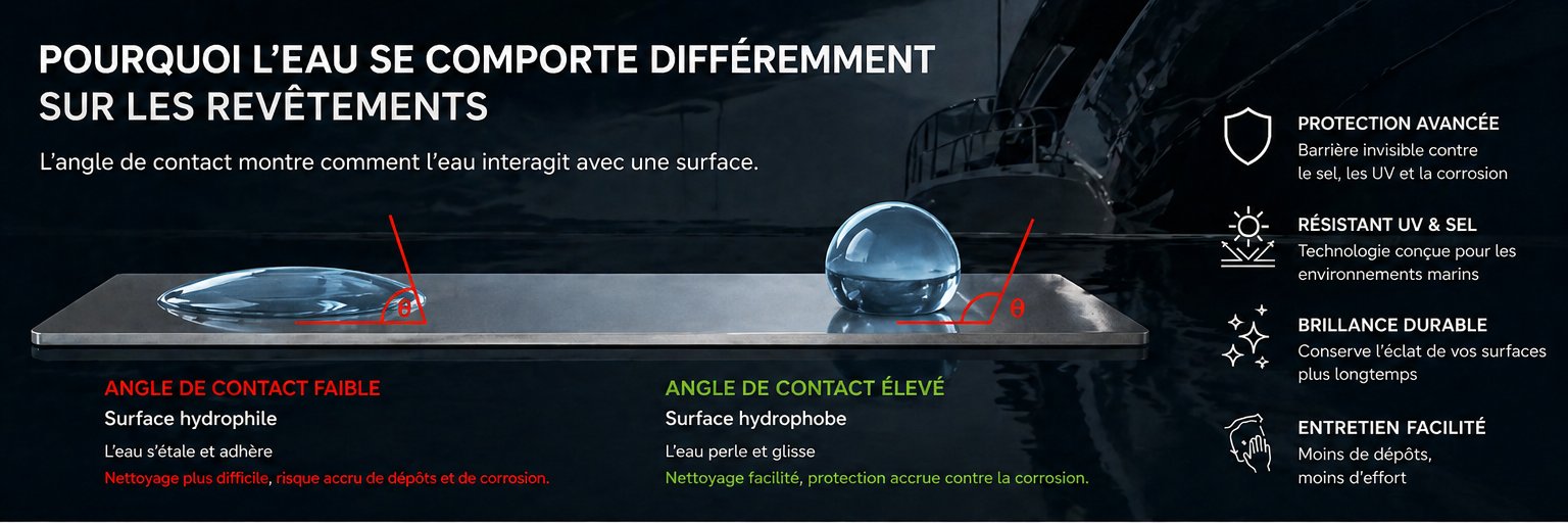 Schéma effet hydrophobe SEALS — eau et huile glissent sur la surface protégée